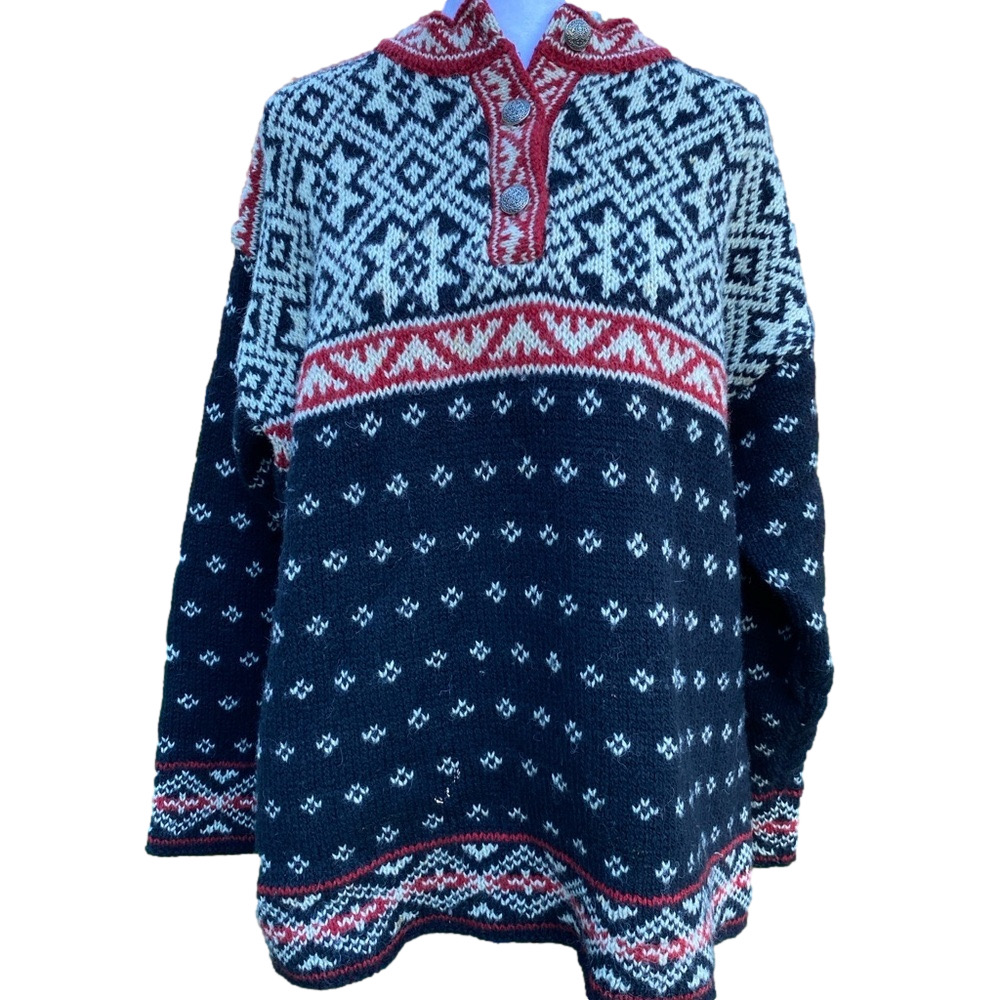 LL Bean Nordic Pattern Wool Sweater Navy Red Medium